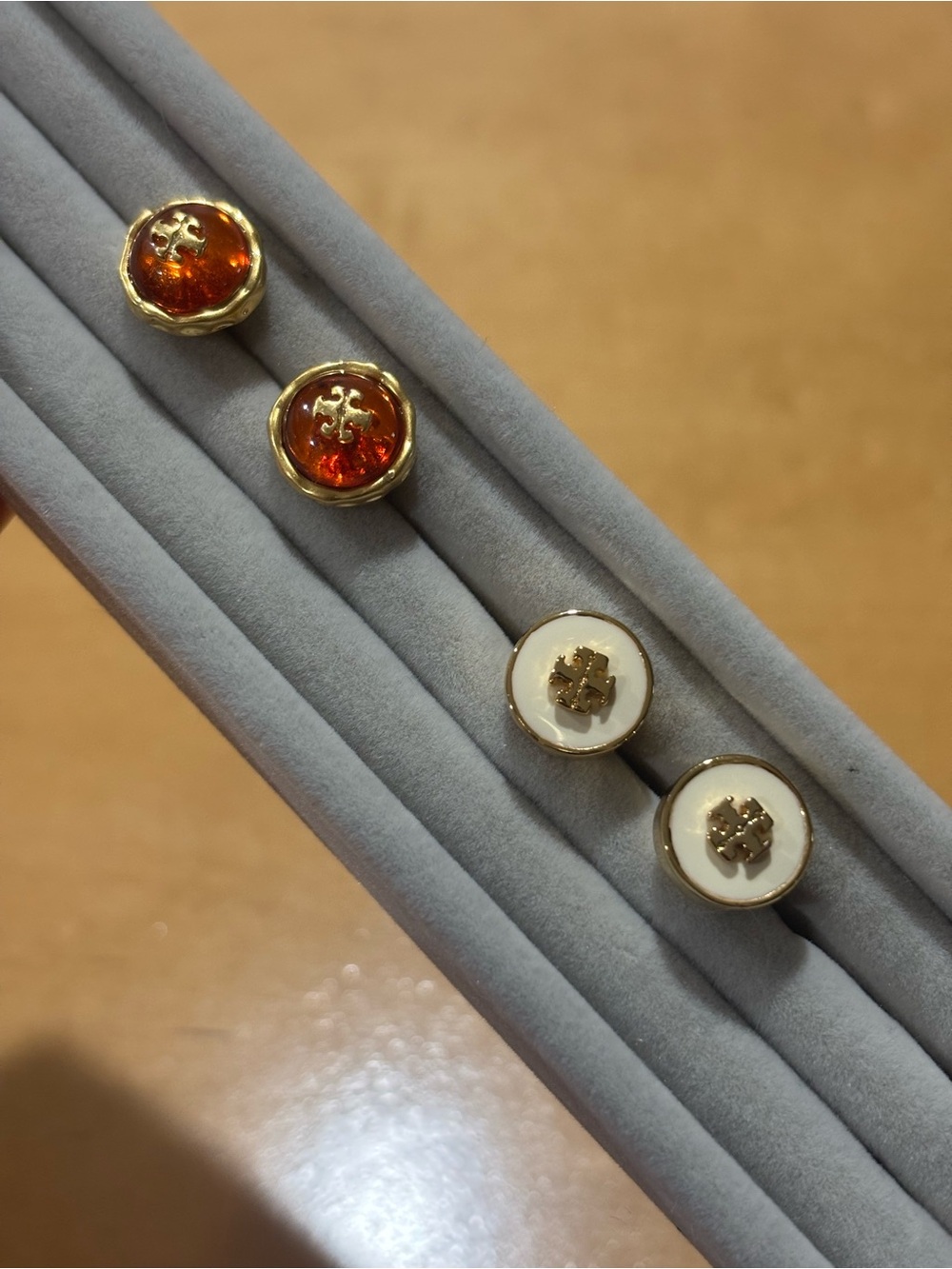 Lot of 2 Tory Burch Gold Logo Stud Earrings - Amber and White Enamel